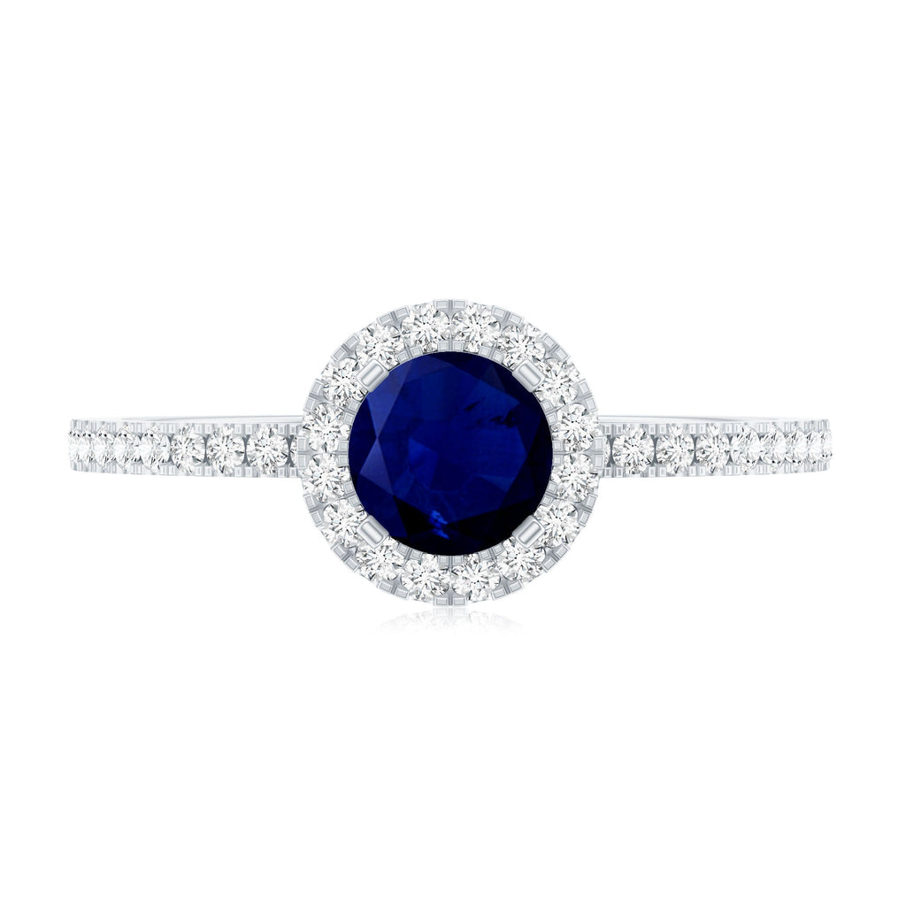 Blue Sapphire Engagement Ring, Round Diamond Halo, 0.95 Carat