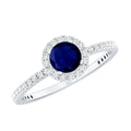 Blue Sapphire Engagement Ring, Round Diamond Halo, 0.95 Carat