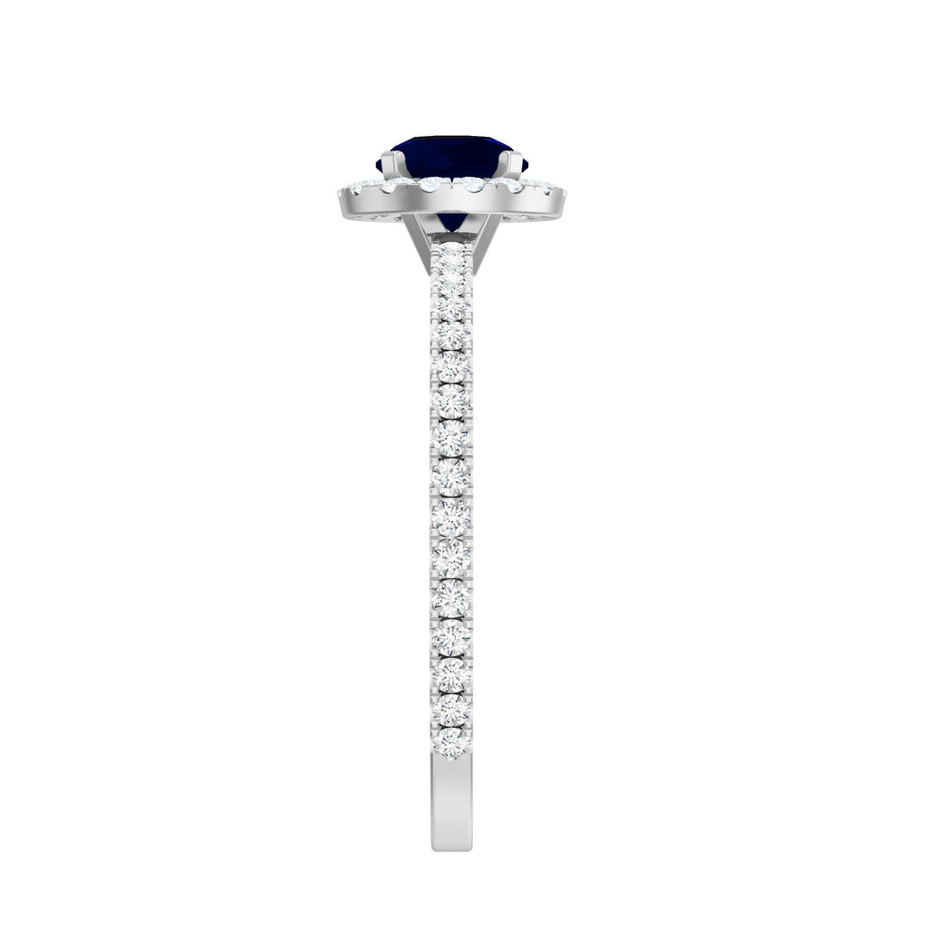 Blue Sapphire Engagement Ring, Round Diamond Halo, 0.95 Carat