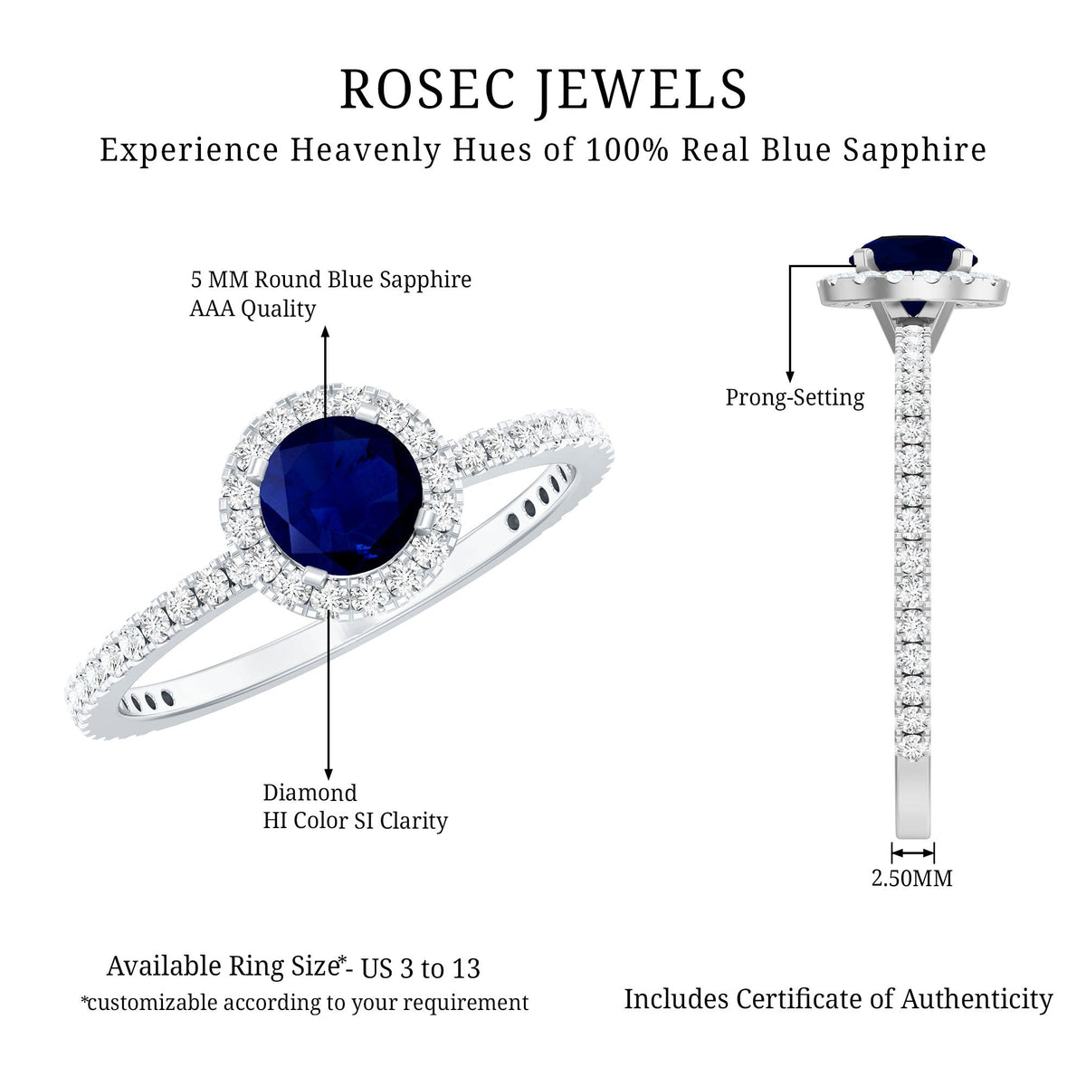 Blue Sapphire Engagement Ring, Round Diamond Halo, 0.95 Carat