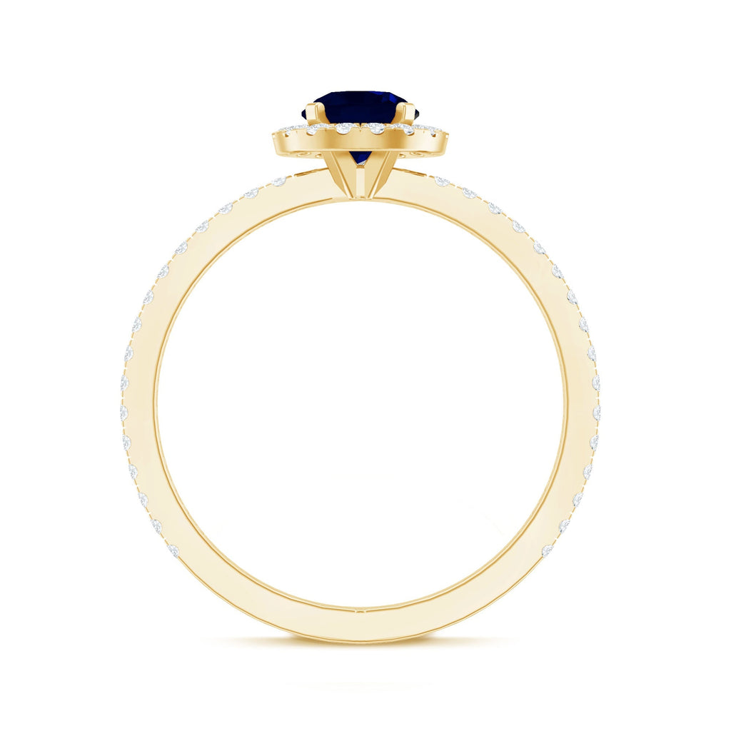 Blue Sapphire Engagement Ring, Round Diamond Halo, 0.95 Carat