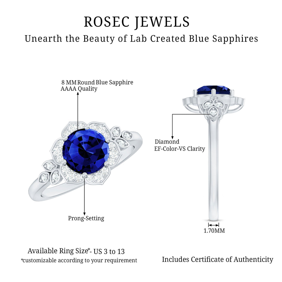 Blue Sapphire Engagement Ring, Round Flower Halo Diamond Design