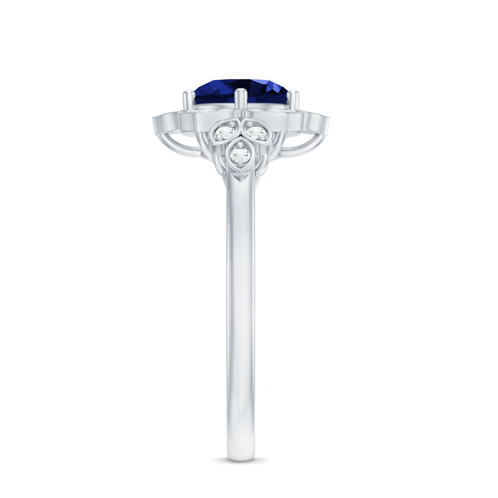 Blue Sapphire Engagement Ring, Round Flower Halo Diamond Design