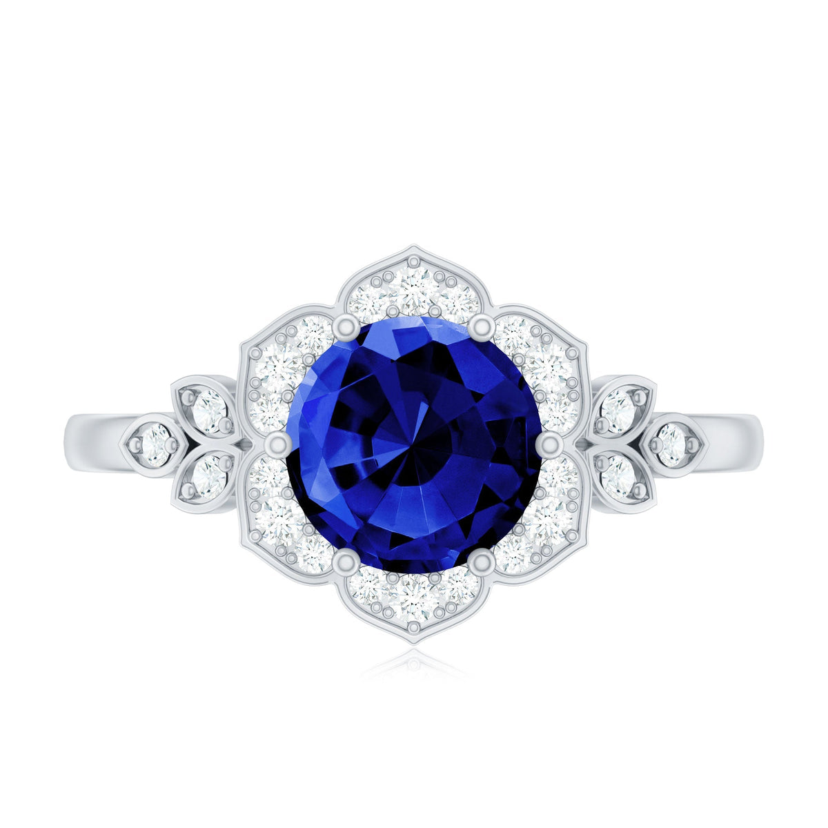 Blue Sapphire Engagement Ring, Round Flower Halo Diamond Design
