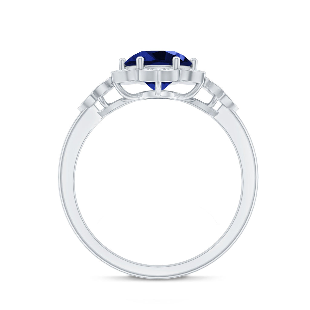 Blue Sapphire Engagement Ring, Round Flower Halo Diamond Design