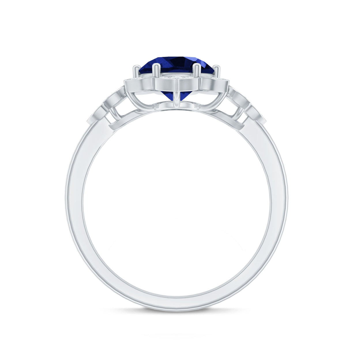 Blue Sapphire Engagement Ring, Round Flower Halo Diamond Design
