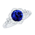 Blue Sapphire Engagement Ring, Round Flower Halo Diamond Design