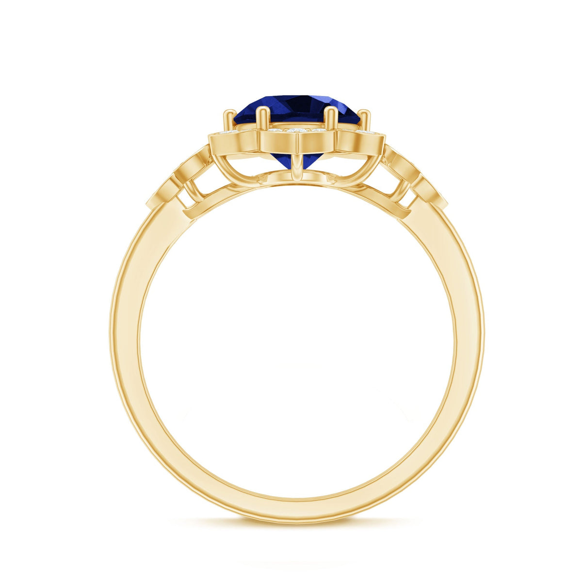 Blue Sapphire Engagement Ring, Round Flower Halo Diamond Design