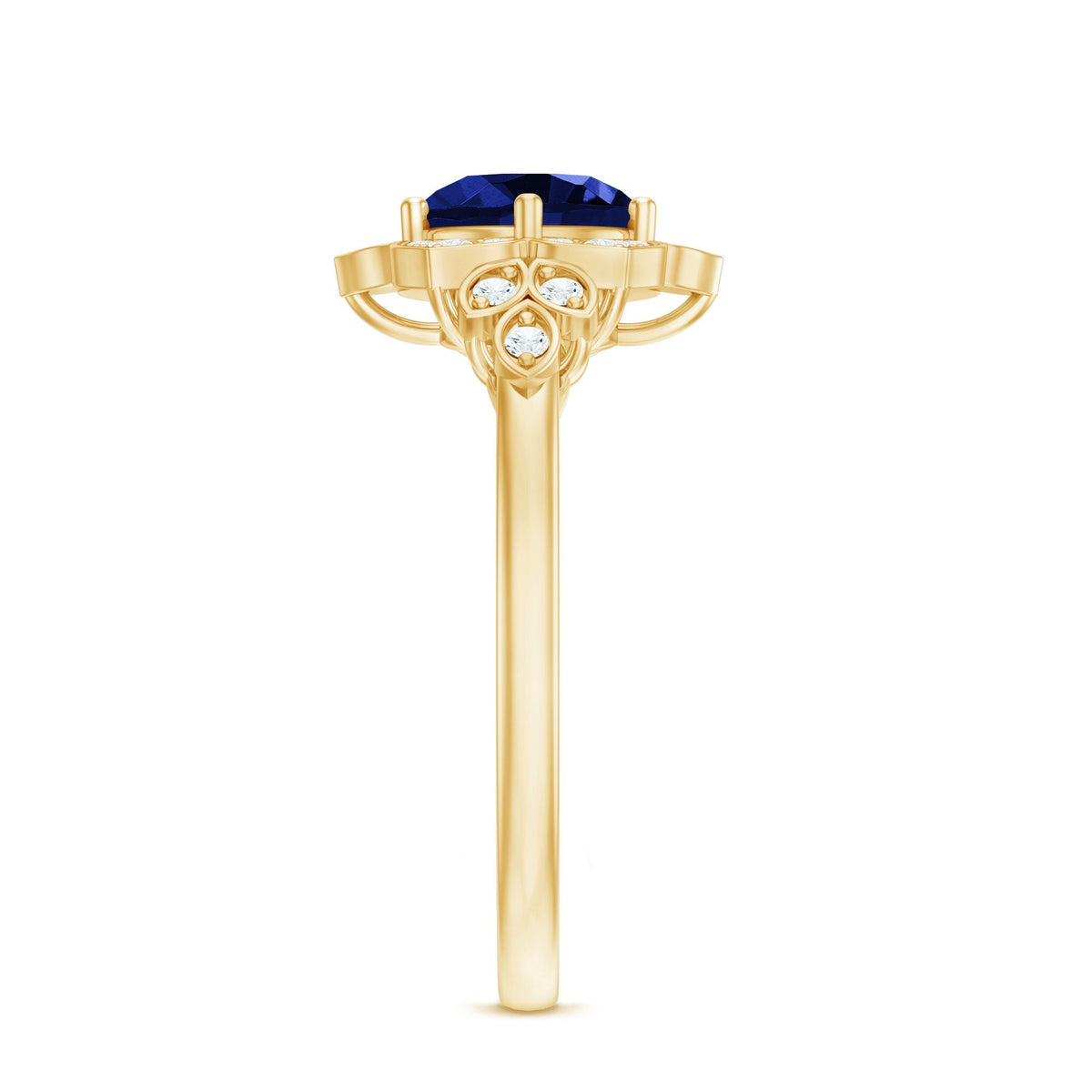 Blue Sapphire Engagement Ring, Round Flower Halo Diamond Design