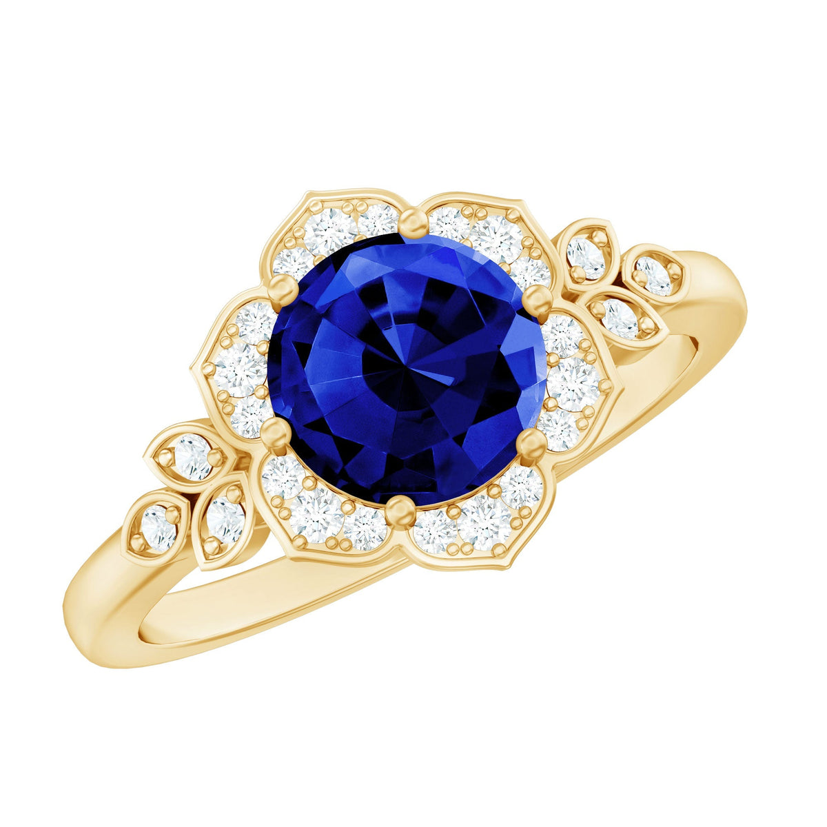 Blue Sapphire Engagement Ring, Round Flower Halo Diamond Design