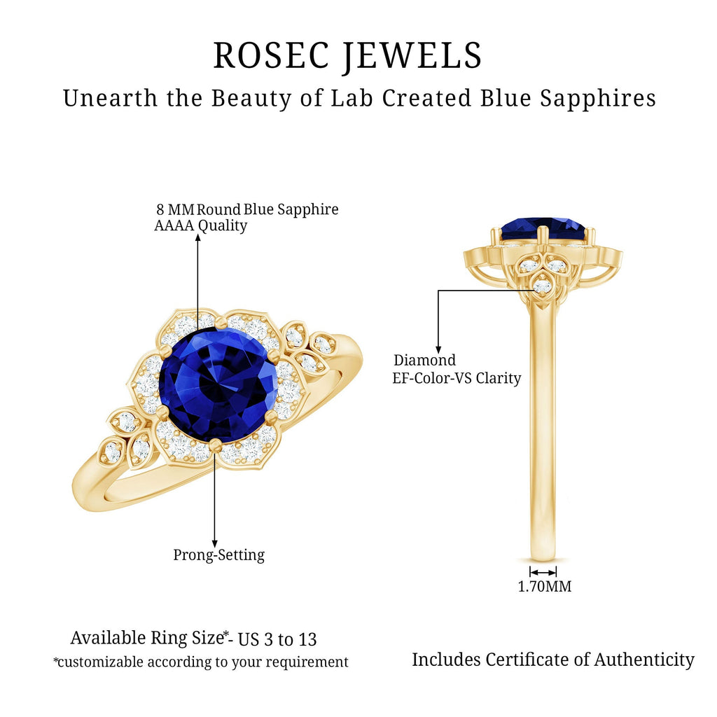 Blue Sapphire Engagement Ring, Round Flower Halo Diamond Design