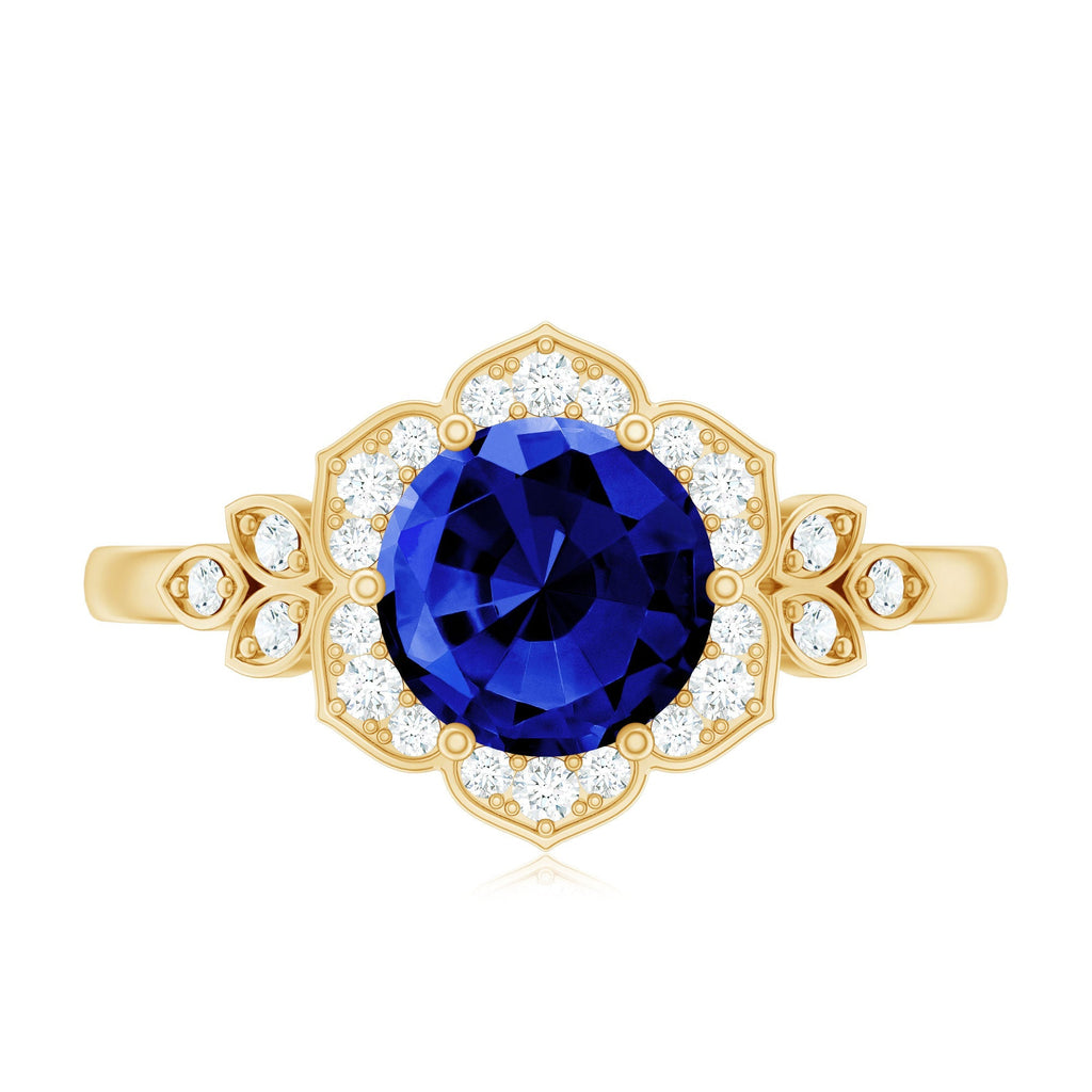 Blue Sapphire Engagement Ring, Round Flower Halo Diamond Design