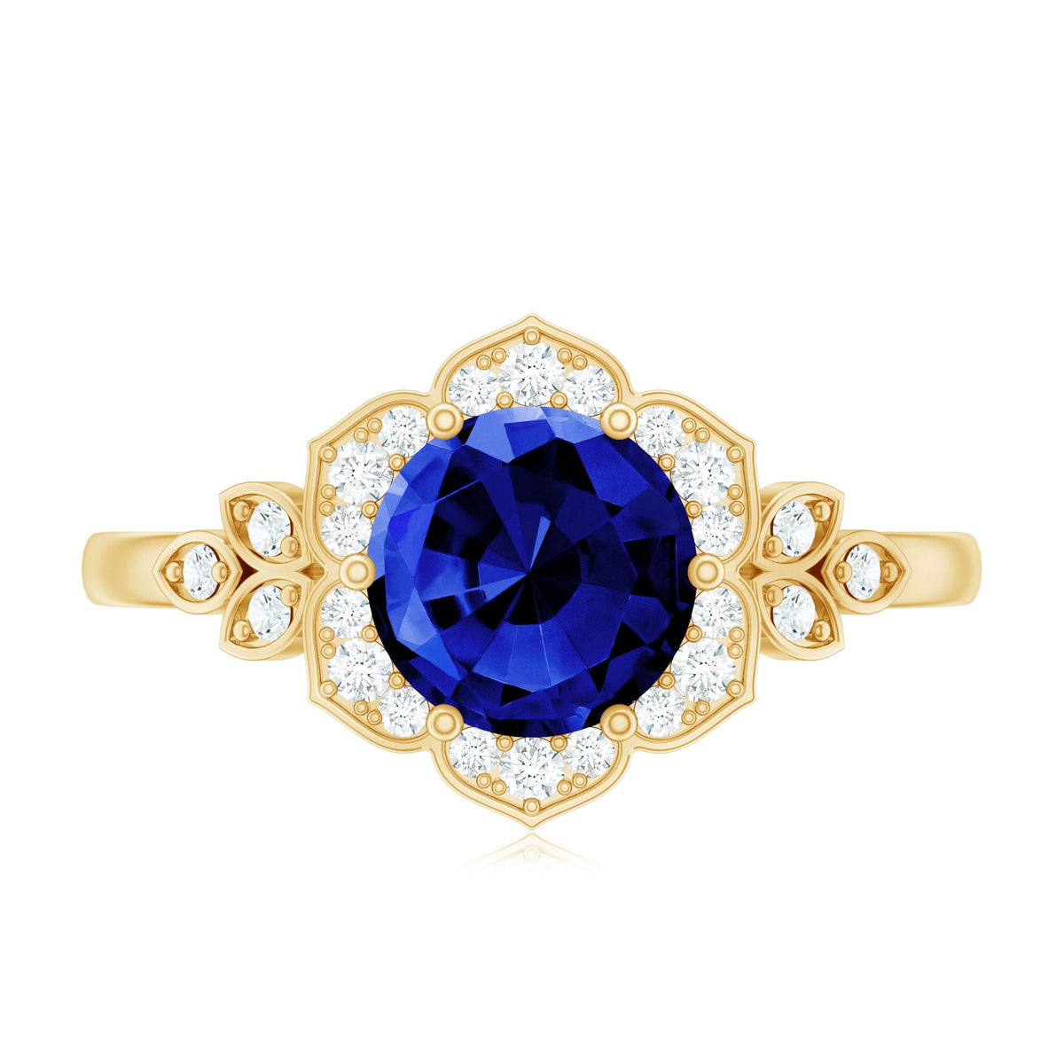 Blue Sapphire Engagement Ring, Round Flower Halo Diamond Design