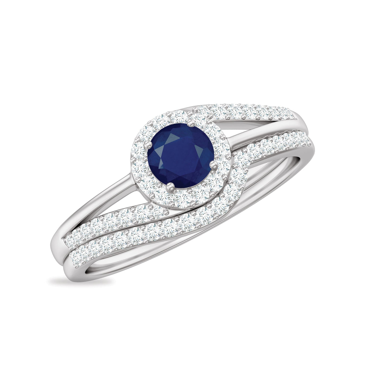 Blue Sapphire Engagement Ring Set With Diamond Curved Band For Her