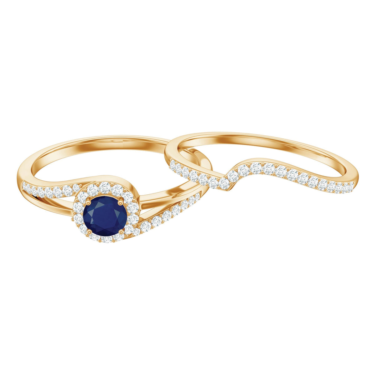 Blue Sapphire Engagement Ring Set With Diamond Curved Band For Her