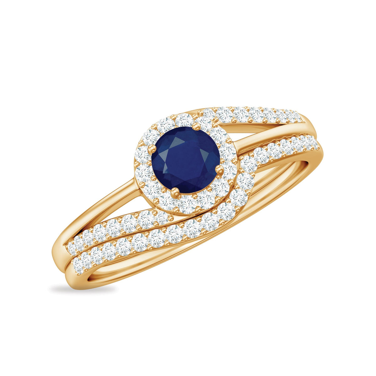 Blue Sapphire Engagement Ring Set With Diamond Curved Band For Her