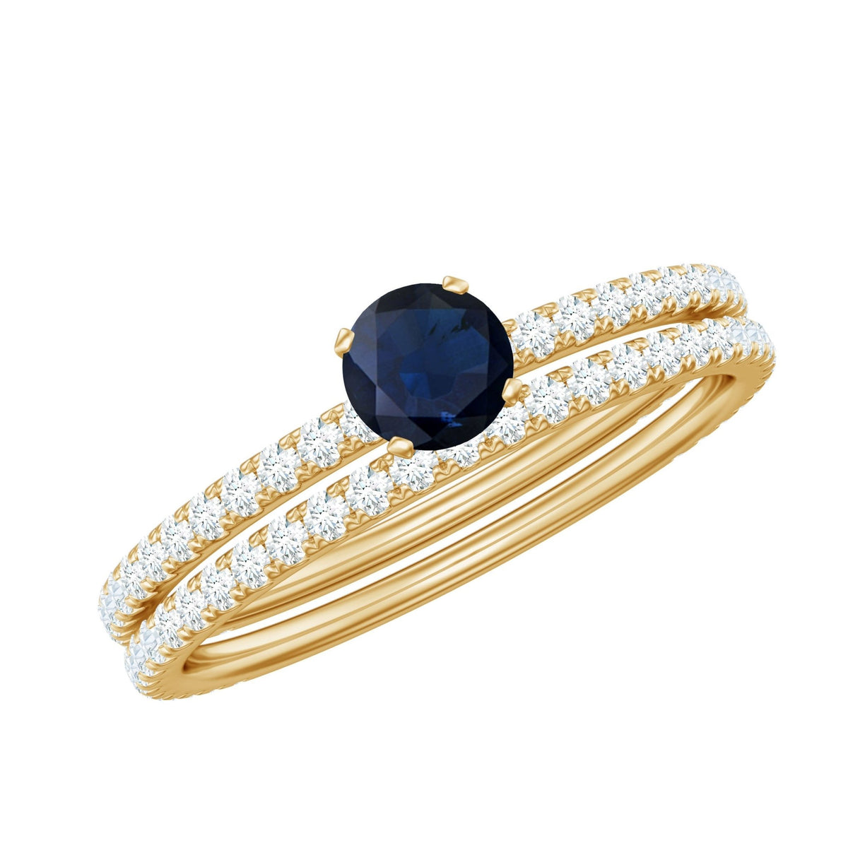 Blue Sapphire Engagement Ring Set With Diamond Half-Eternity Band