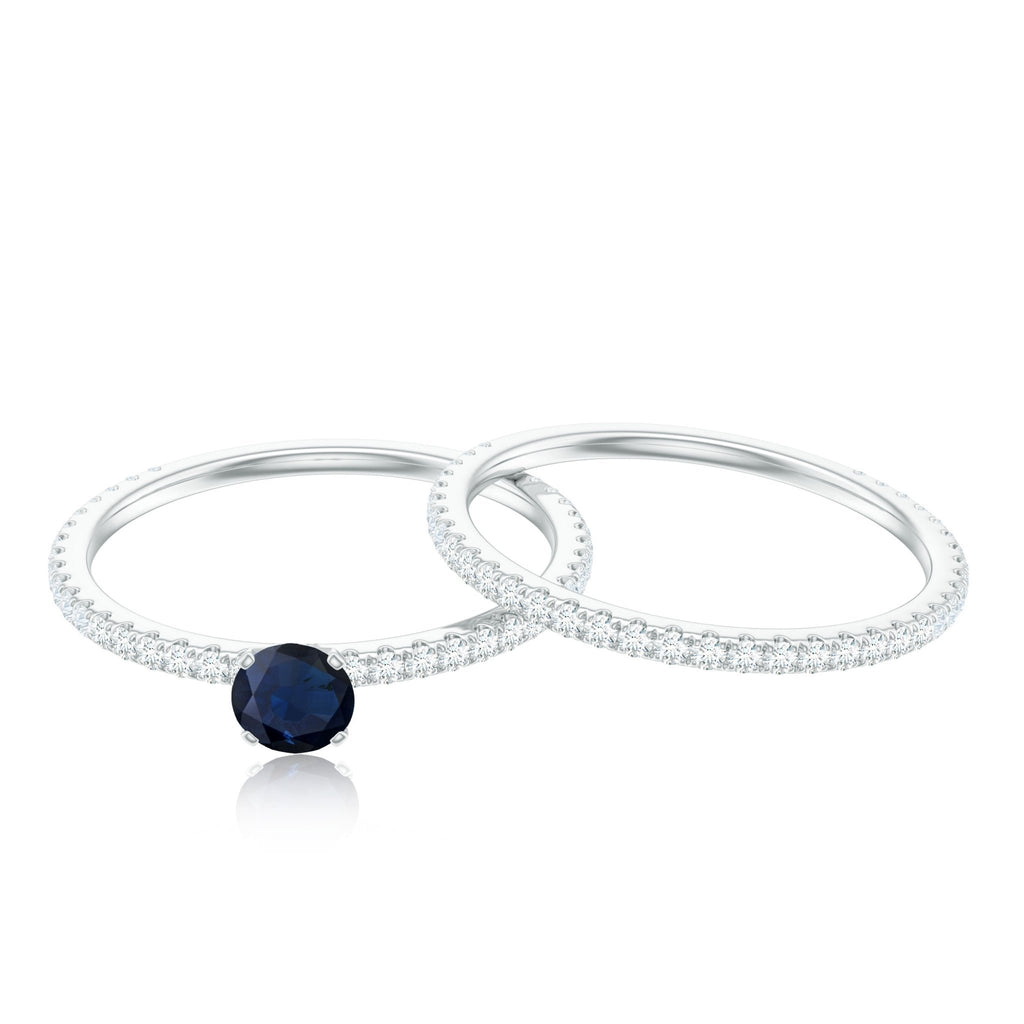 Blue Sapphire Engagement Ring Set With Diamond Half-Eternity Band
