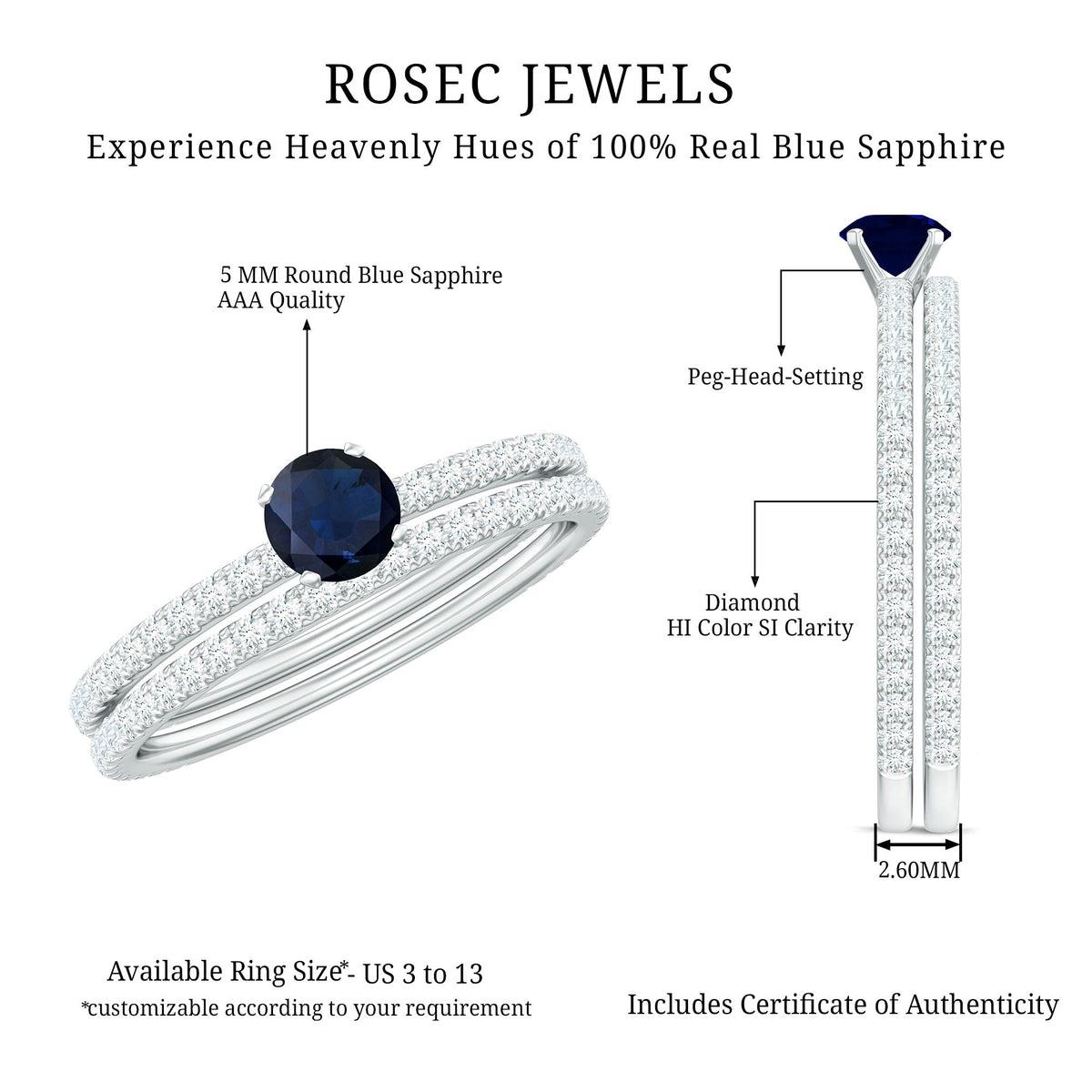Blue Sapphire Engagement Ring Set With Diamond Half-Eternity Band