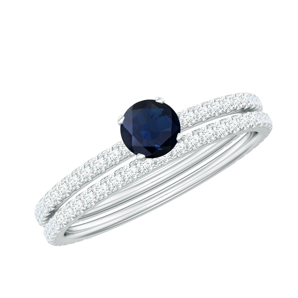 Blue Sapphire Engagement Ring Set With Diamond Half-Eternity Band