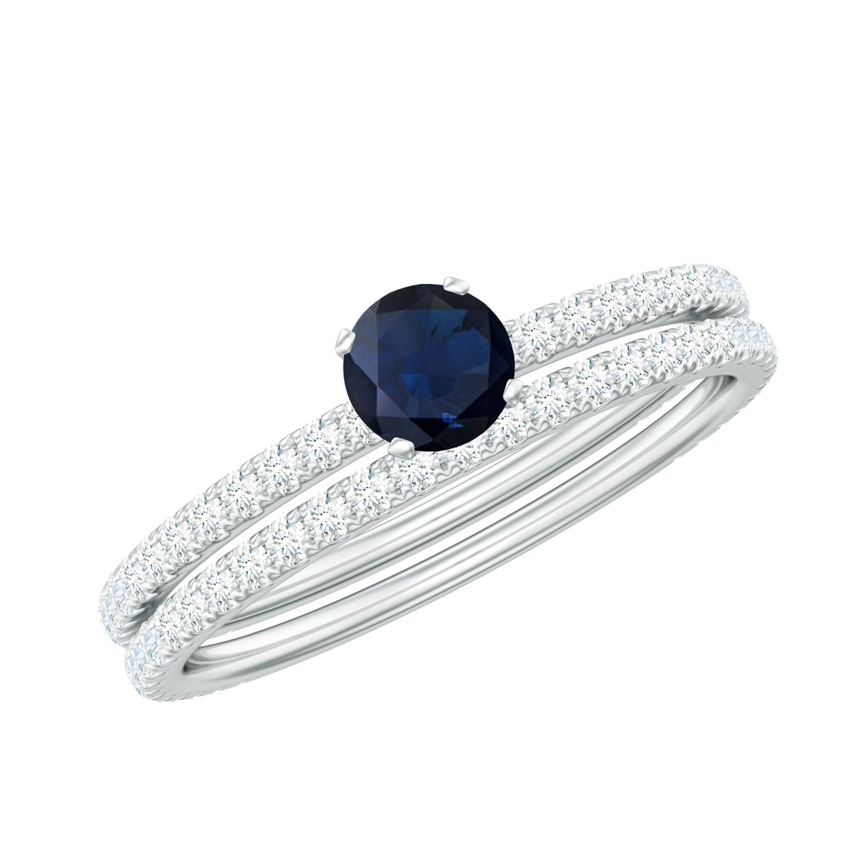 Blue Sapphire Engagement Ring Set With Diamond Half-Eternity Band