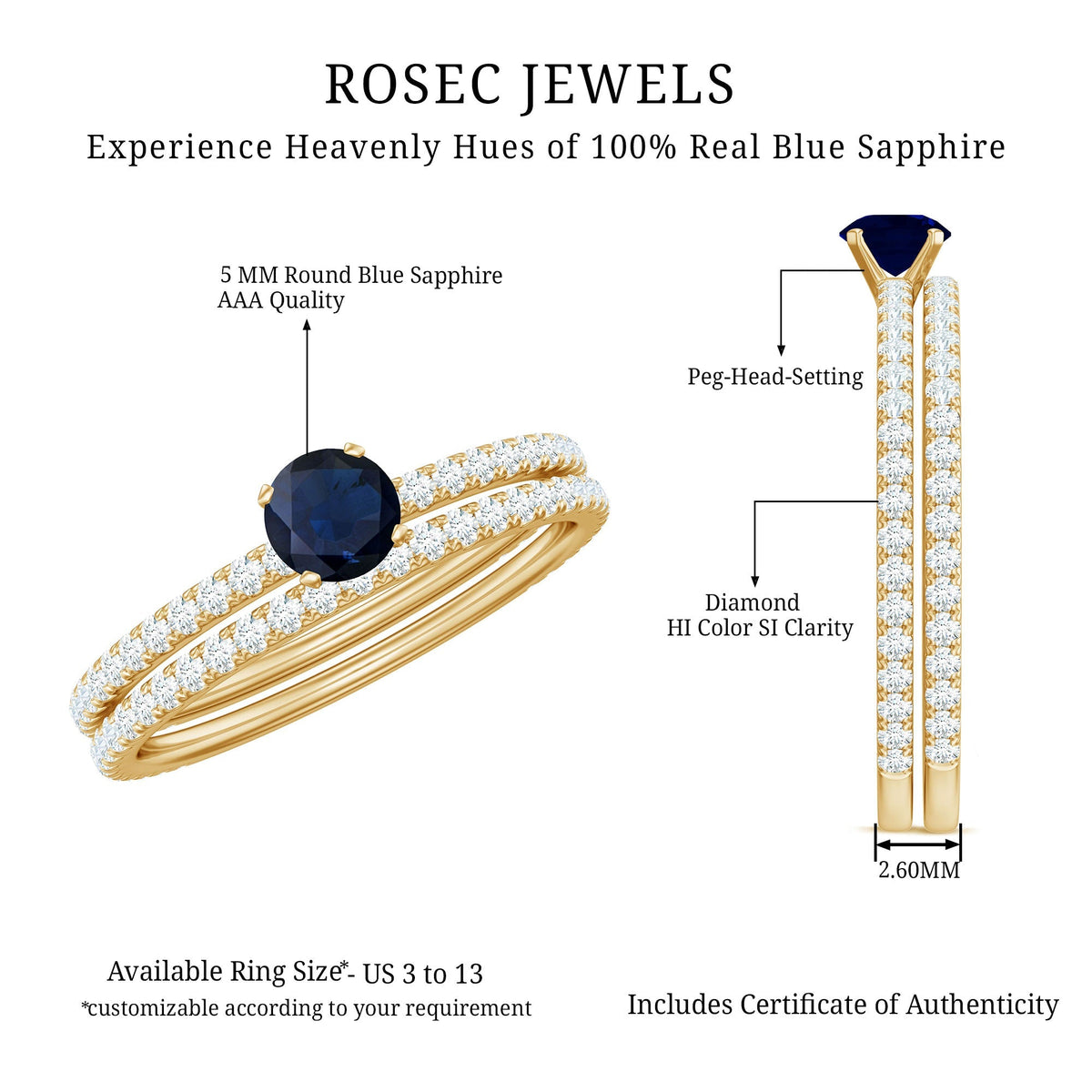 Blue Sapphire Engagement Ring Set With Diamond Half-Eternity Band