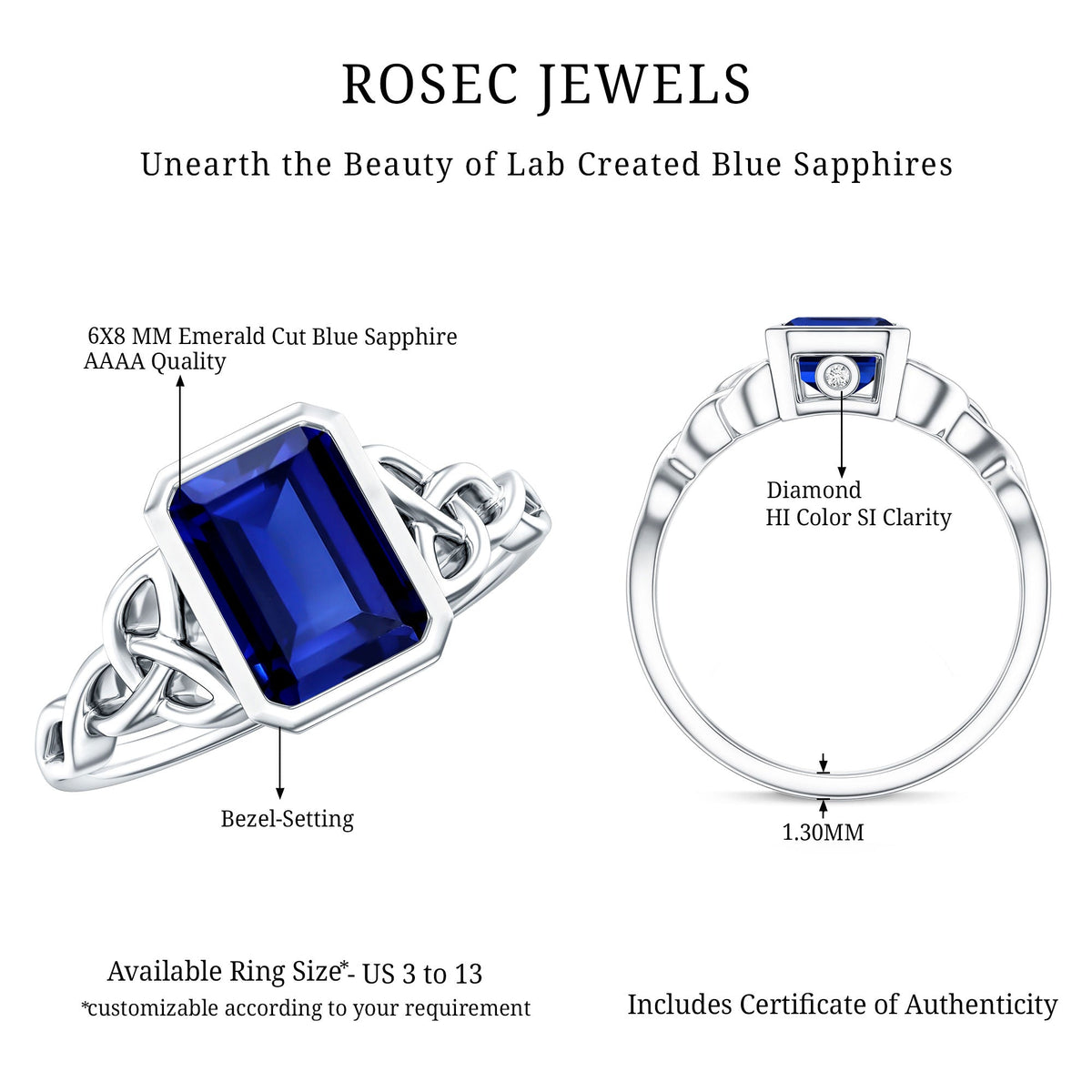 Blue Sapphire Engagement Ring, Solitaire Lab Created Celtic Ring