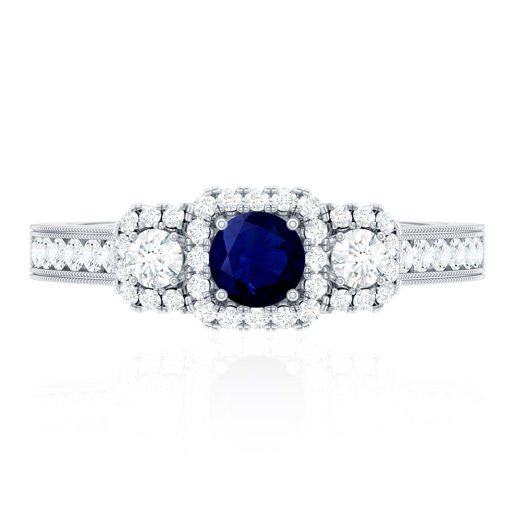 Blue Sapphire Engagement Ring Vintage 3 Stone Diamond Halo