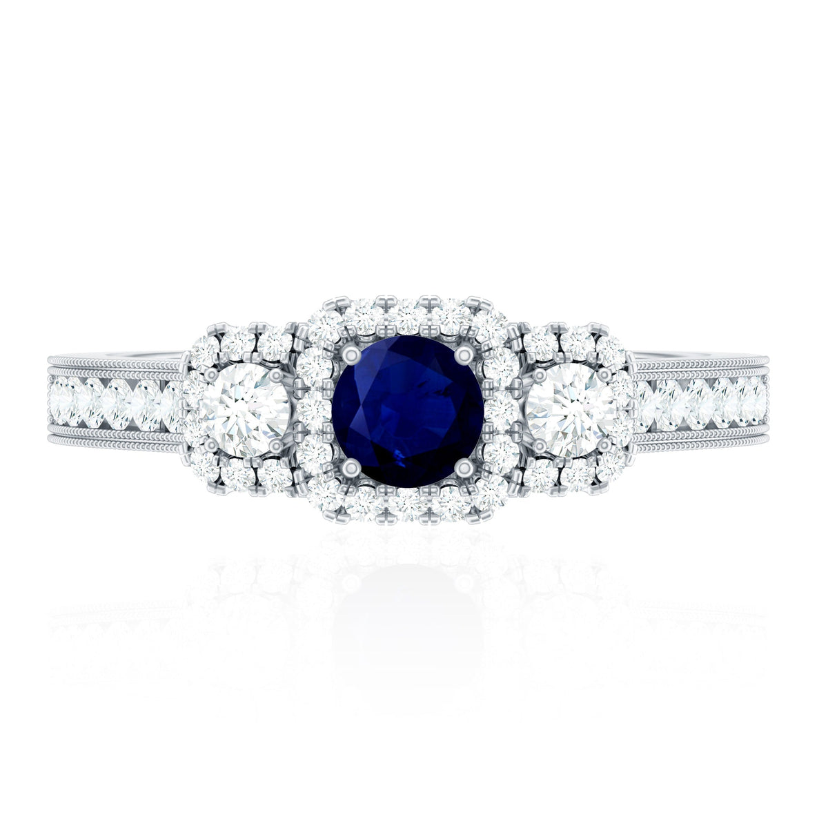 Blue Sapphire Engagement Ring Vintage 3 Stone Diamond Halo