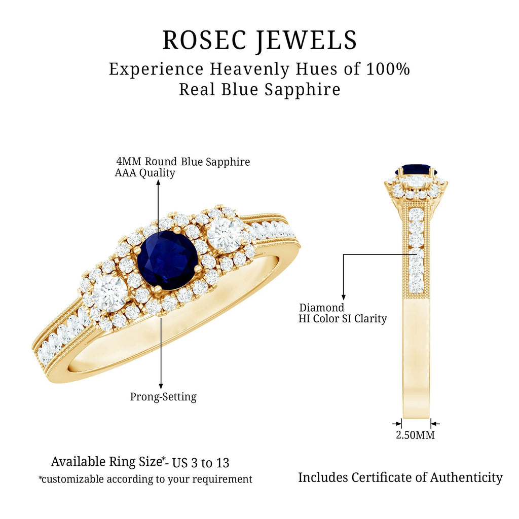 Blue Sapphire Engagement Ring Vintage 3 Stone Diamond Halo