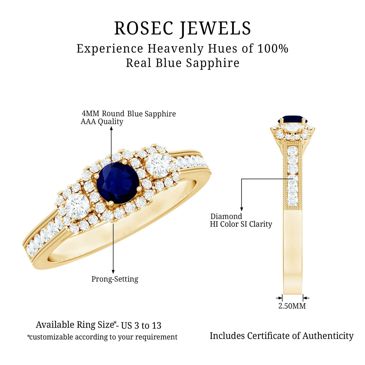Blue Sapphire Engagement Ring Vintage 3 Stone Diamond Halo