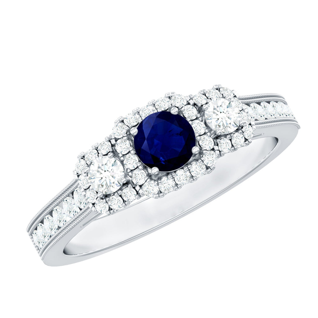 Blue Sapphire Engagement Ring Vintage 3 Stone Diamond Halo