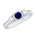 Blue Sapphire Engagement Ring Vintage 3 Stone Diamond Halo