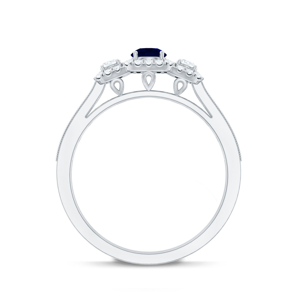 Blue Sapphire Engagement Ring Vintage 3 Stone Diamond Halo