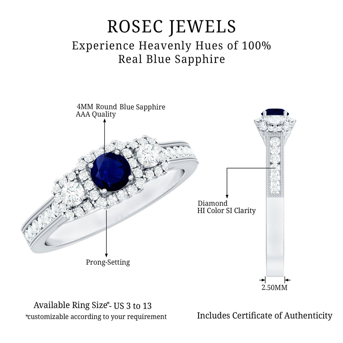 Blue Sapphire Engagement Ring Vintage 3 Stone Diamond Halo