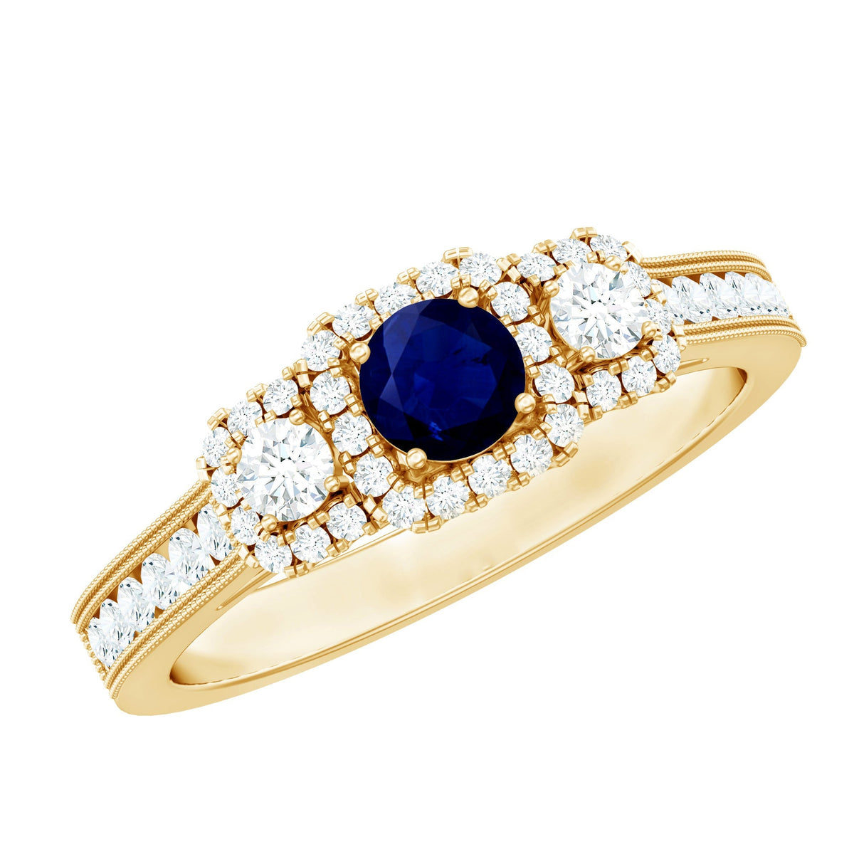Blue Sapphire Engagement Ring Vintage 3 Stone Diamond Halo