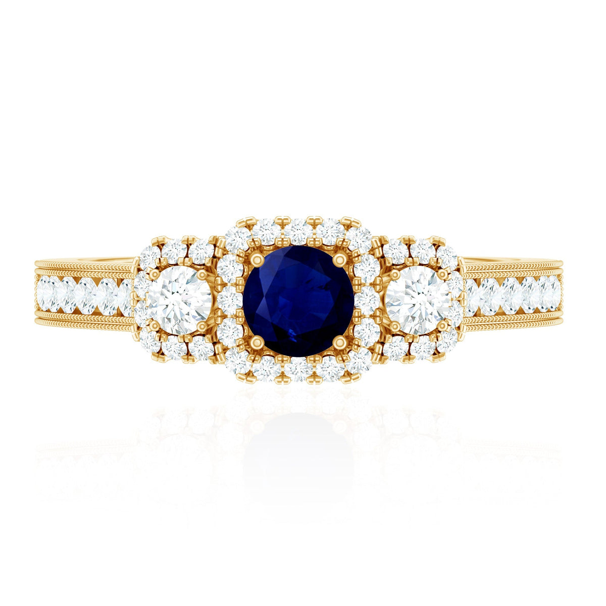 Blue Sapphire Engagement Ring Vintage 3 Stone Diamond Halo