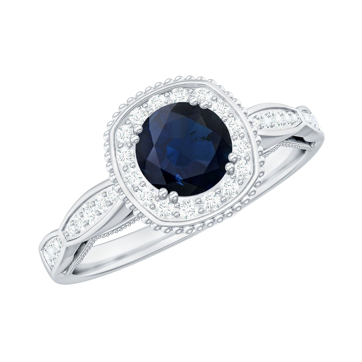 Blue Sapphire Engagement Ring, Vintage Antique Diamond Halo Ring
