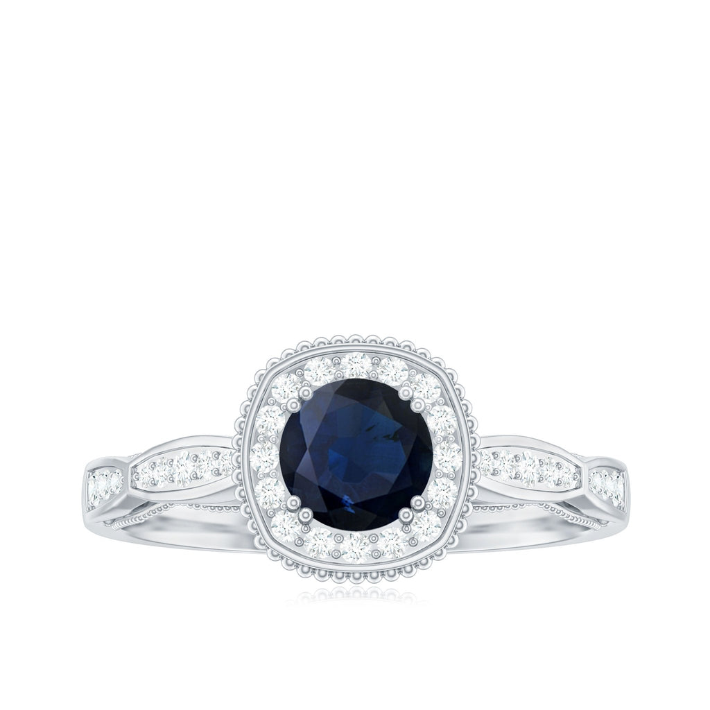 Blue Sapphire Engagement Ring, Vintage Antique Diamond Halo Ring