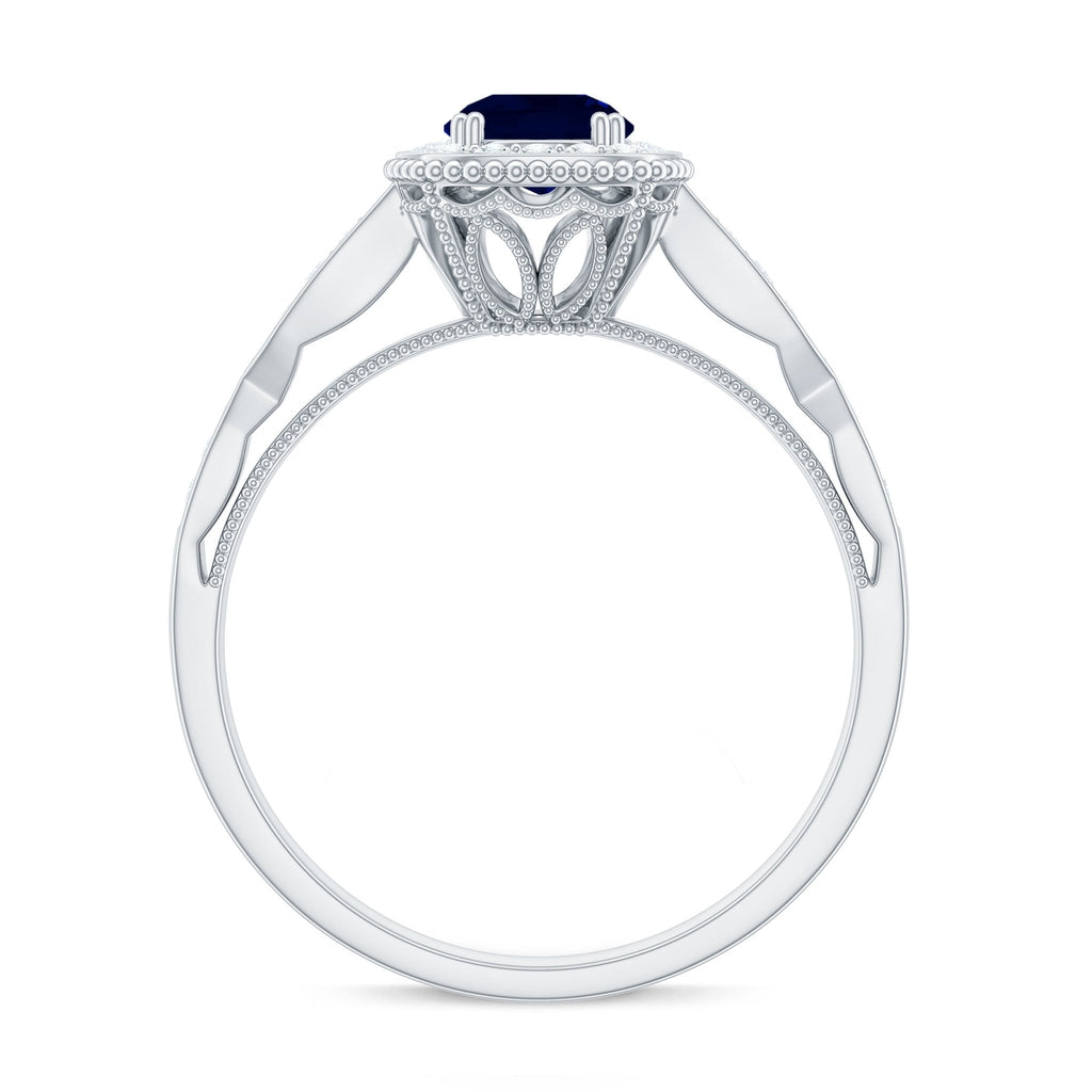 Blue Sapphire Engagement Ring, Vintage Antique Diamond Halo Ring