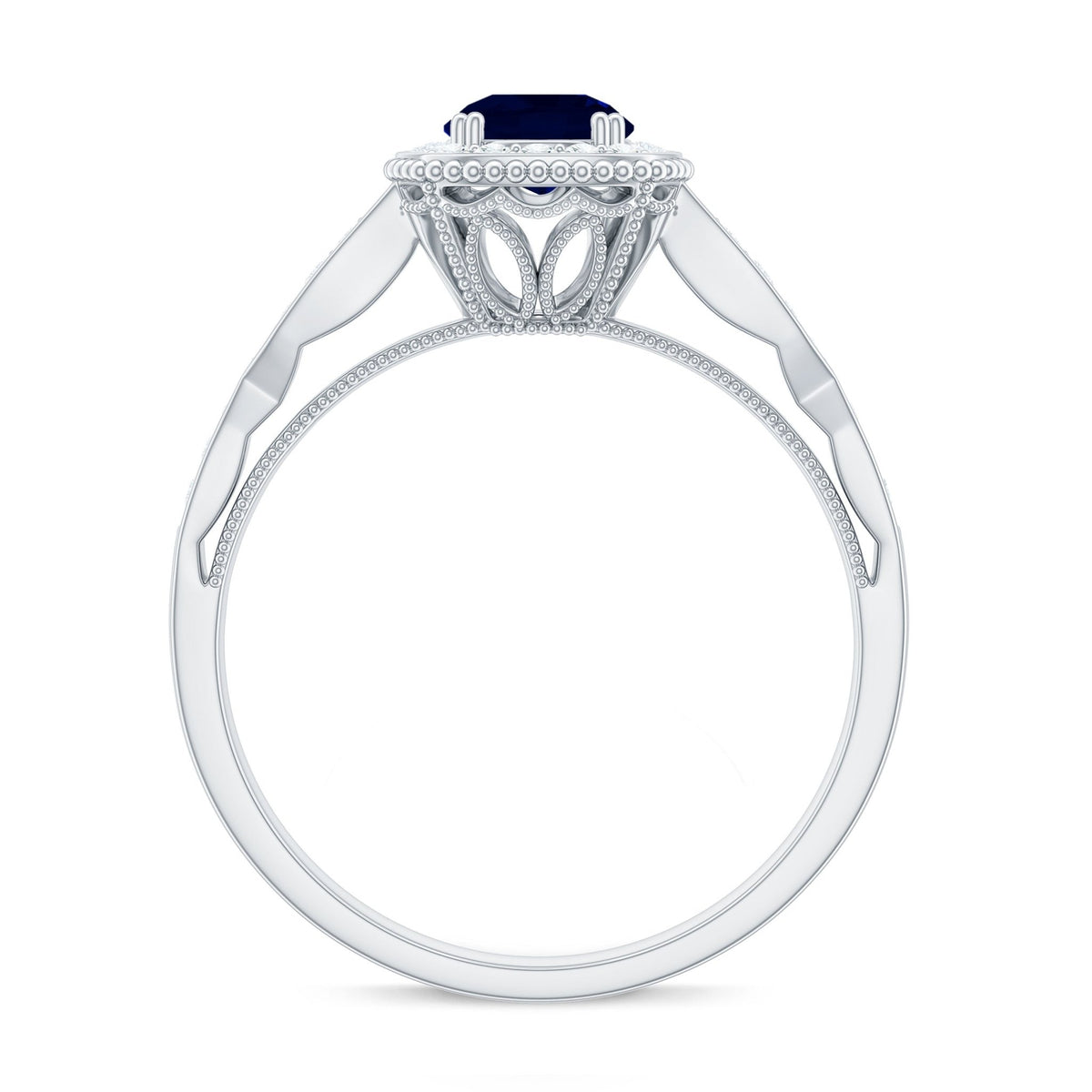 Blue Sapphire Engagement Ring, Vintage Antique Diamond Halo Ring