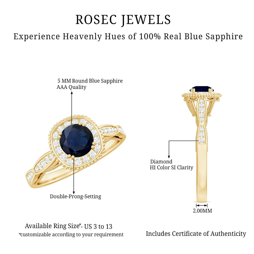 Blue Sapphire Engagement Ring, Vintage Antique Diamond Halo Ring