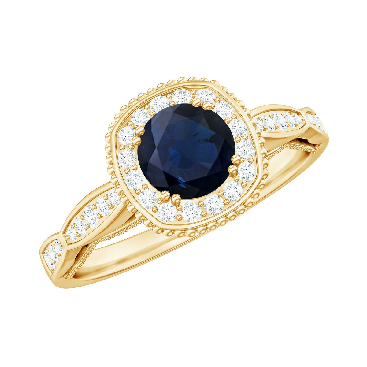 Blue Sapphire Engagement Ring, Vintage Antique Diamond Halo Ring