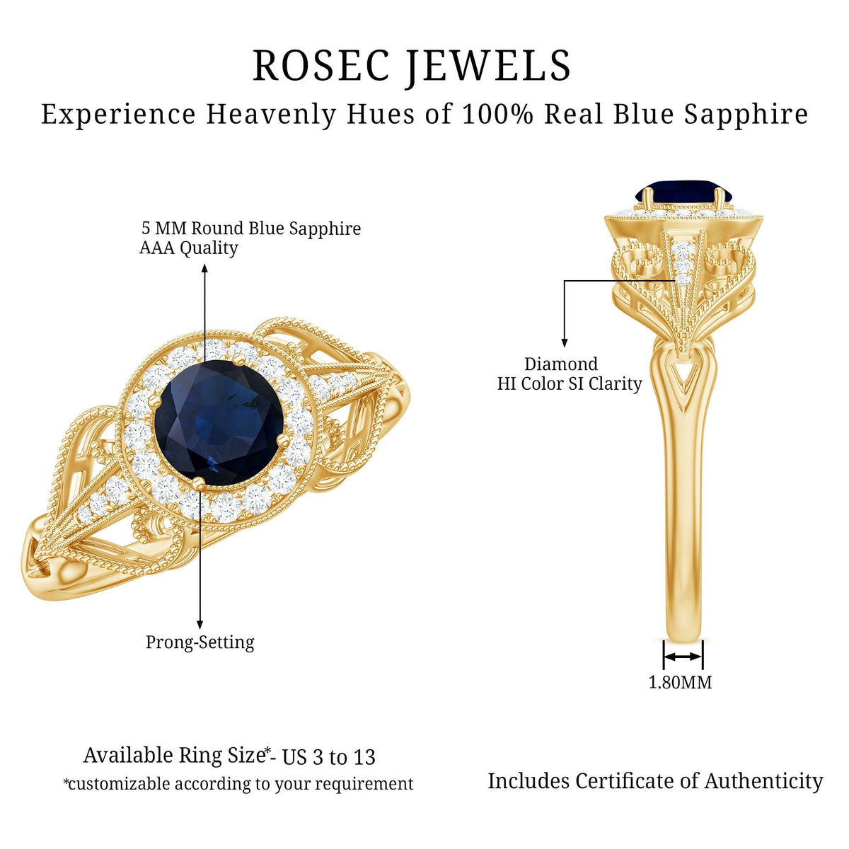 Blue Sapphire Engagement Ring Vintage Art Deco Diamond Halo Ring