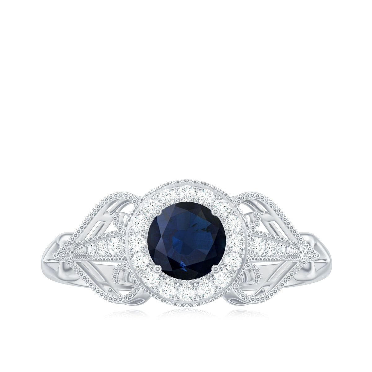 Blue Sapphire Engagement Ring Vintage Art Deco Diamond Halo Ring