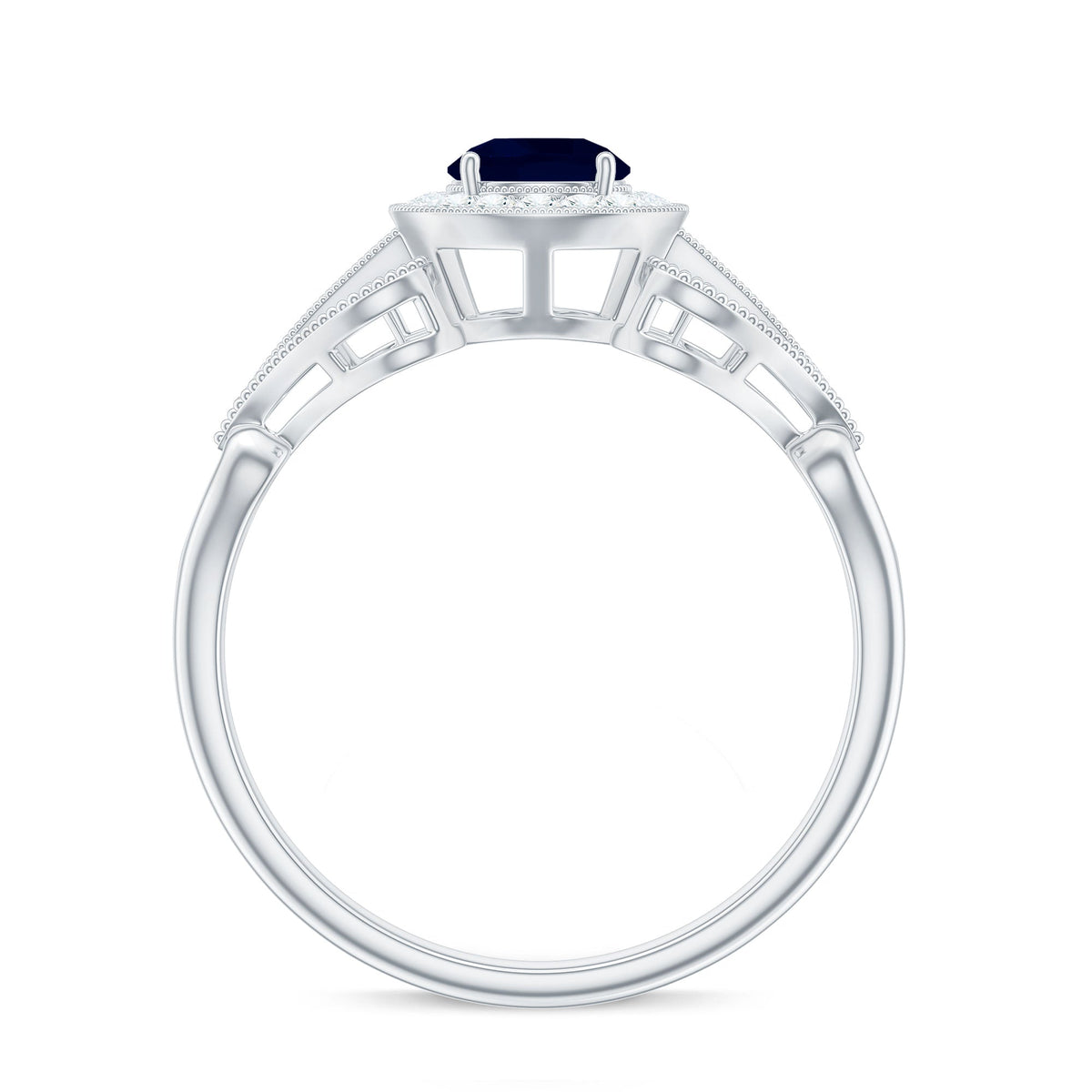 Blue Sapphire Engagement Ring Vintage Art Deco Diamond Halo Ring