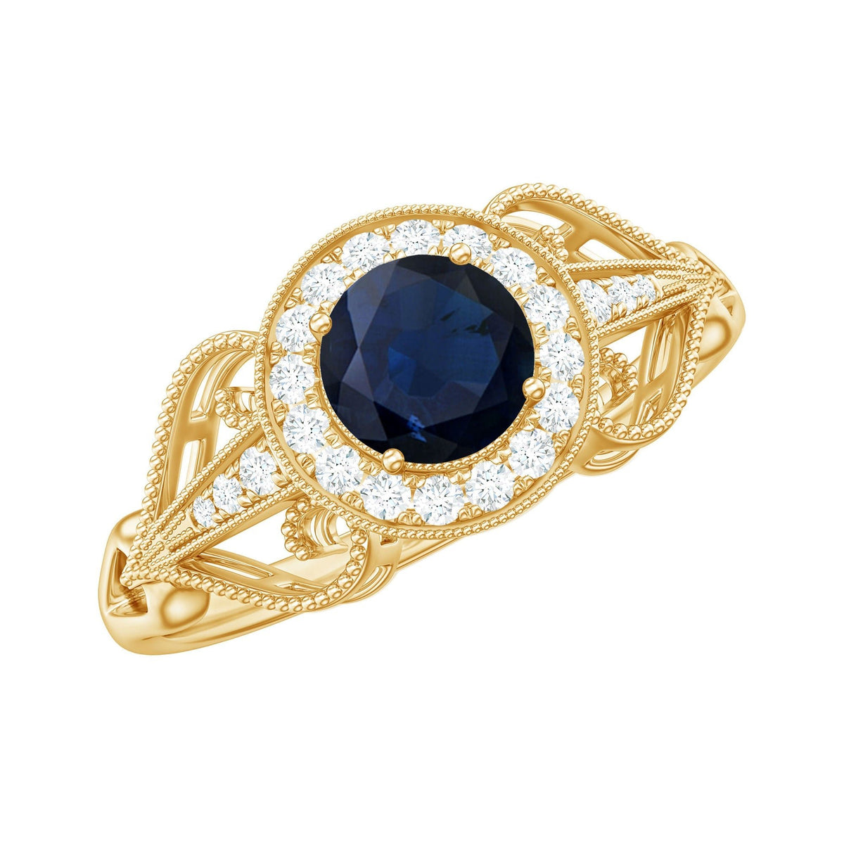Blue Sapphire Engagement Ring Vintage Art Deco Diamond Halo Ring