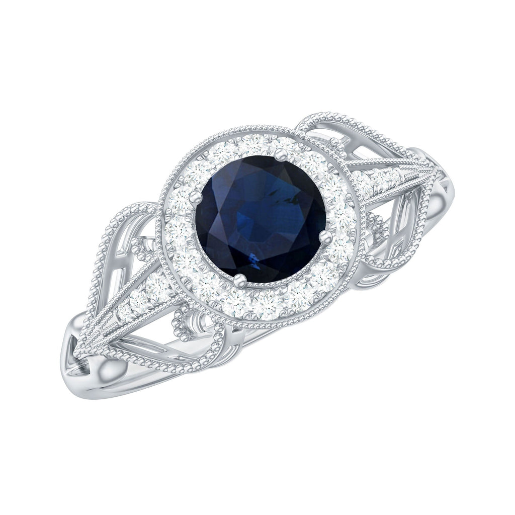 Blue Sapphire Engagement Ring Vintage Art Deco Diamond Halo Ring