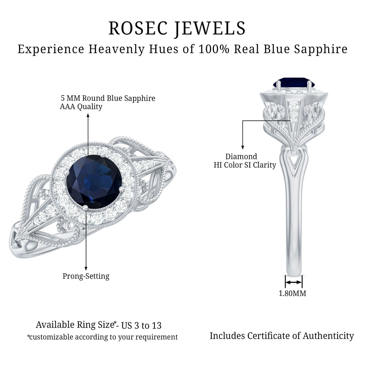Blue Sapphire Engagement Ring Vintage Art Deco Diamond Halo Ring