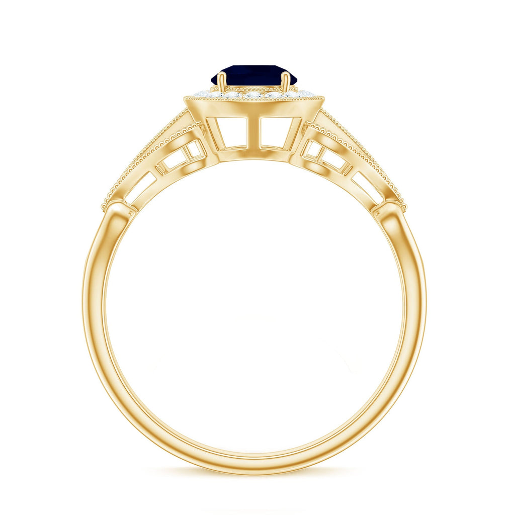Blue Sapphire Engagement Ring Vintage Art Deco Diamond Halo Ring